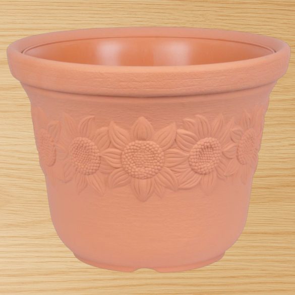 Műanyag virágcserép, Prosperplast Sunny, terrakotta, átmérő: 57 cm, magasság: 43,5 cm, napraforgó minta, 60 l, kerek