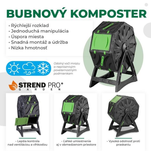 Komposztáló, Strend Pro Garden, fekete, 70 l, 55,5 x 36 x 72 cm, forgatható, időjárásálló, szellőzőnyílásokkal, könnyű, egyszerű összeszerelés