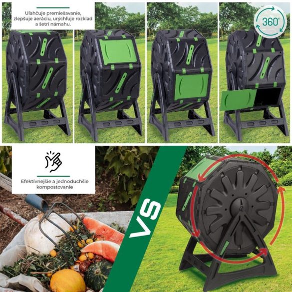 Komposztáló, Strend Pro Garden, fekete, 70 l, 55,5 x 36 x 72 cm, forgatható, időjárásálló, szellőzőnyílásokkal, könnyű, egyszerű összeszerelés
