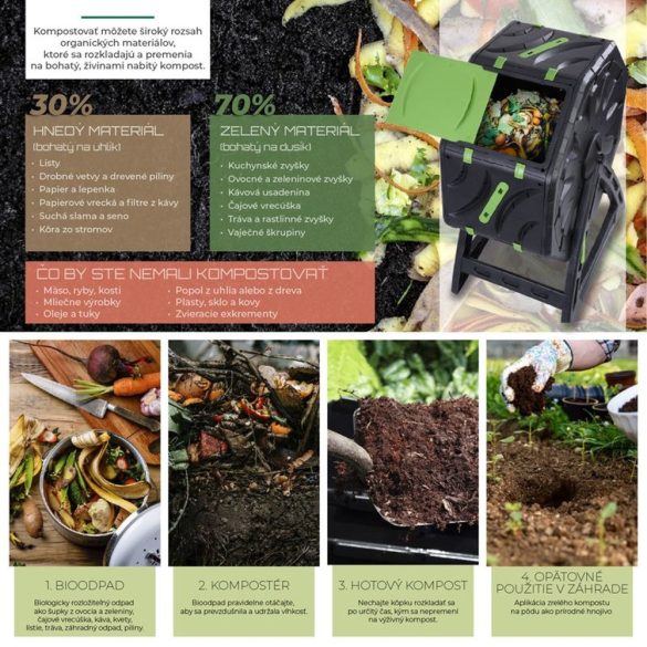 Komposztáló, Strend Pro Garden, fekete, 70 l, 55,5 x 36 x 72 cm, forgatható, időjárásálló, szellőzőnyílásokkal, könnyű, egyszerű összeszerelés