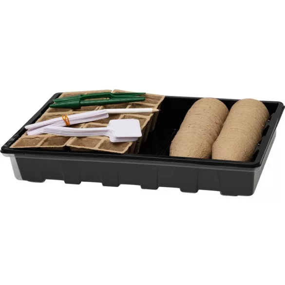 Melegágy, Strend Pro Garden, fekete, 37,5 x 23 x 6 cm, átlátszó fedél, 67 db-os készlet, palántaneveléshez, mini