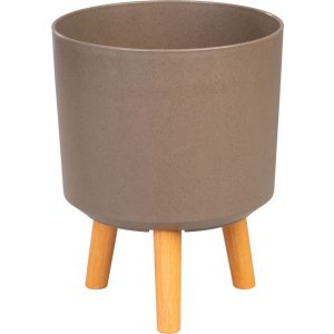 Műanyag virágcserép, Strend Pro Garden, kávépor, átmérő: 24,5 cm, magasság: 31 cm, fa lábakkal, kerek