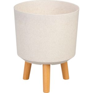 Műanyag virágcserép, Strend Pro Garden, fehér, átmérő: 24,5 cm, magasság: 31 cm, fa lábakkal, kerek