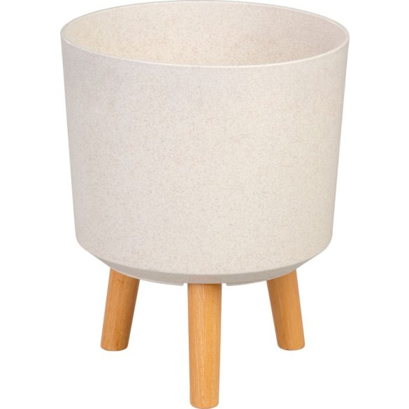Műanyag virágcserép, Strend Pro Garden, fehér, átmérő: 24,5 cm, magasság: 31 cm, fa lábakkal, kerek