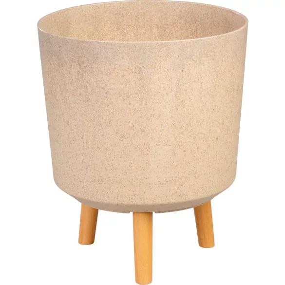 Műanyag virágcserép, Strend Pro Garden, bambuszszál, átmérő: 30 cm, magasság: 37 cm, fa lábakkal, 15,5 l, kerek