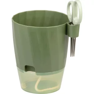 Műanyag virágcserép, Strend Pro Garden, zöld, átmérő: 12,5 cm, magasság: 16 cm, önöntöző víztartállyal, metszőollóval, beépített ollótartóval, kerek