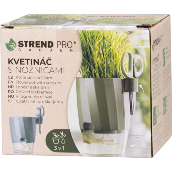 Műanyag virágcserép, Strend Pro Garden, zöld, átmérő: 12,5 cm, magasság: 16 cm, önöntöző víztartállyal, metszőollóval, beépített ollótartóval, kerek