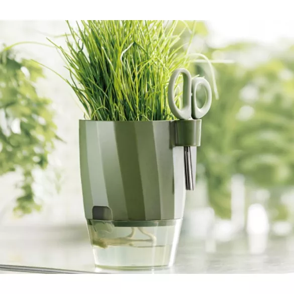 Műanyag virágcserép, Strend Pro Garden, zöld, átmérő: 12,5 cm, magasság: 16 cm, önöntöző víztartállyal, metszőollóval, beépített ollótartóval, kerek