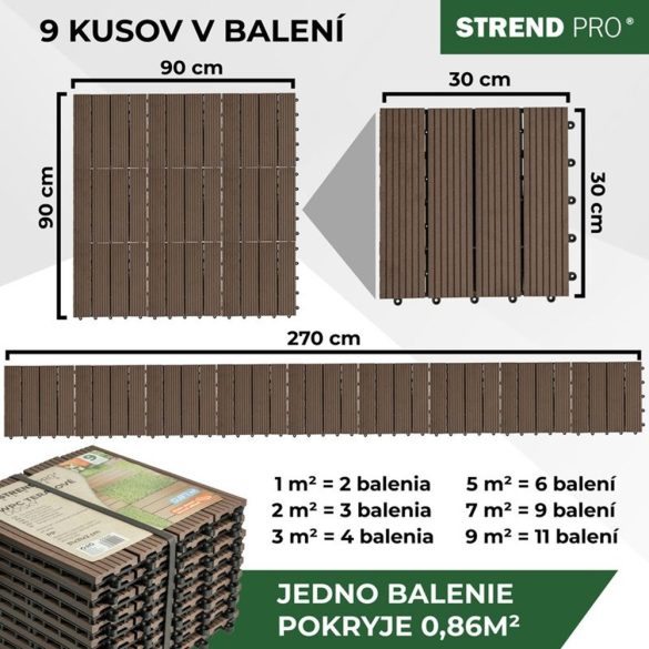 Kerti járólap készlet, Strend Pro Garden, barna, 31 x 31 x 2 cm, WPC hatású, csúszásmentes, polipropilén (PP) műanyag, 9 db/csomag