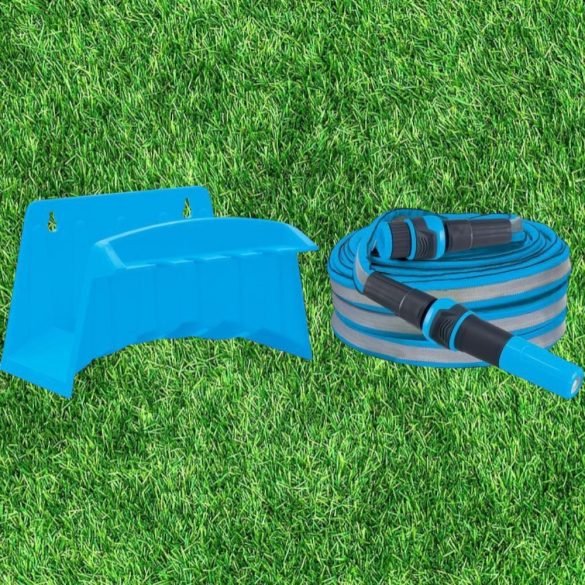 Kerti locsolótömlő, Aquacraft 870102, kék/szürke, 1/2", 20 m, 35 bar, 2 funkciós fúvókával, fali tartóval, PVC belső cső, textilborítás