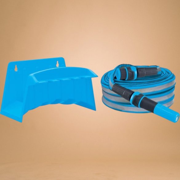 Kerti locsolótömlő, Aquacraft 870102, kék/szürke, 1/2", 20 m, 35 bar, 2 funkciós fúvókával, fali tartóval, PVC belső cső, textilborítás