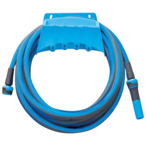 Kerti locsolótömlő, Aquacraft 870102, kék/szürke, 1/2", 20 m, 35 bar, 2 funkciós fúvókával, fali tartóval, PVC belső cső, textilborítás