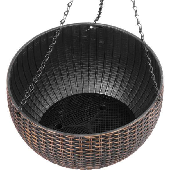 Függő virágcserép, Strend Pro Garden Modern, arany, átmérő: 26 cm, magasság: 16 cm, lánccal és akasztóval, rattan hatású, kerek