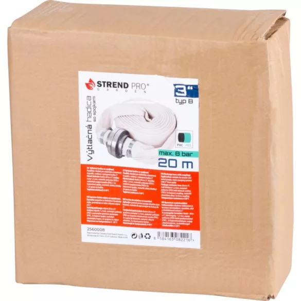 Nyomótömlő, Strend Pro Garden, fehér, B típus, 3", 20 m, bajonett csatlakozókkal, szivattyúkhoz, poliészter + gumírozott PVC belső, 0–80 °C-ig hőálló, maximum 8 bar