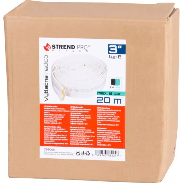 Nyomótömlő, Strend Pro Garden, fehér, B típus, 3", 20 m, vég nélkül, szivattyúkhoz, poliészter + gumírozott PVC belső, 0–80°C-ig hőálló, maximum 8 bar