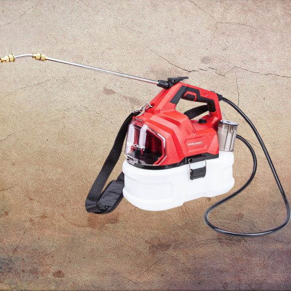 Akkumulátoros permetező, Worcraft CBS-S20Li-5L ShareSYS, 5 liter, piros, teleszkópos szórókarral, vállpántos, hosszú üzemidejű