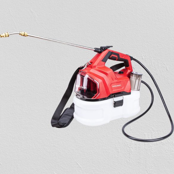 Akkumulátoros permetező, Worcraft CBS-S20Li-5L ShareSYS, 5 liter, piros, teleszkópos szórókarral, vállpántos, hosszú üzemidejű