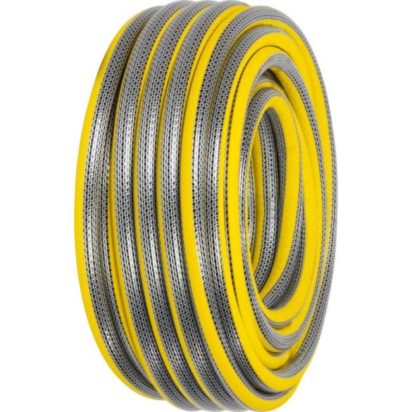 Kerti locsolótömlő, Strend Pro Garden Anti-torsion Plus, sárga/szürke, 1/2", 50 m, 30 bar, többrétegű PVC, UV-álló, csavarodásmentes