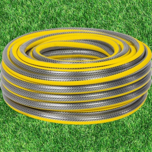 Kerti locsolótömlő, Strend Pro Garden Anti-torsion Plus, sárga/szürke, 1/2", 50 m, 30 bar, többrétegű PVC, UV-álló, csavarodásmentes