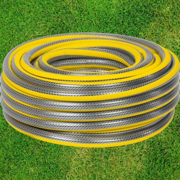 Kerti locsolótömlő, Strend Pro Garden Anti-torsion Plus, sárga/szürke, 1/2", 50 m, 30 bar, többrétegű PVC, UV-álló, csavarodásmentes
