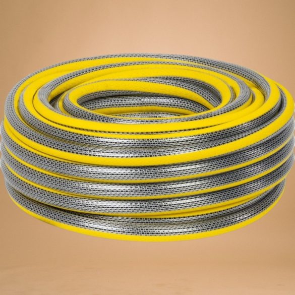 Kerti locsolótömlő, Strend Pro Garden Anti-torsion Plus, sárga/szürke, 1/2", 50 m, 30 bar, többrétegű PVC, UV-álló, csavarodásmentes