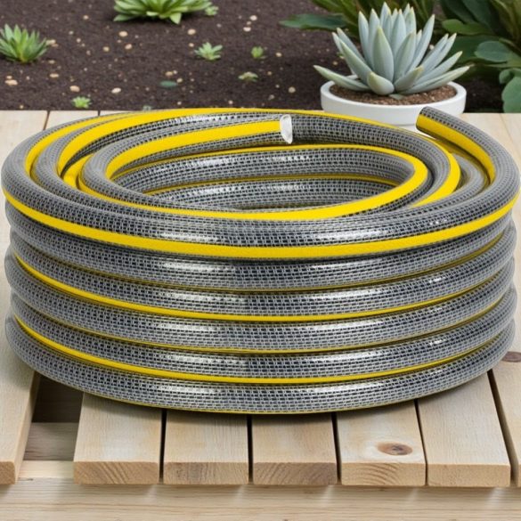Kerti locsolótömlő, Strend Pro Garden Anti-torsion Plus, szürke/sárga, 3/4", 10 m, 25 bar, többrétegű PVC, UV-álló, csavarodásmentes