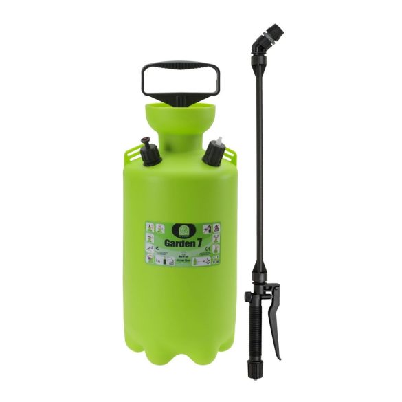 Vállra akasztható permetező, Dimartino Garden 7, 7,05 liter, zöld, kézi pumpás mechanikus, nyomásjelzős biztonsági szeleppel, háromrétegű tömlővel