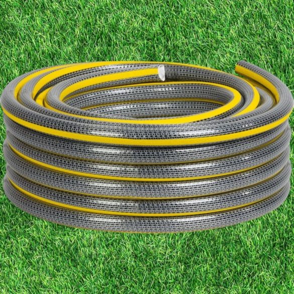 Kerti locsolótömlő, Strend Pro Garden Anti-torsion Plus, szürke/sárga, 3/4", 25 m, 25 bar, többrétegű PVC, UV-álló, csavarodásmentes