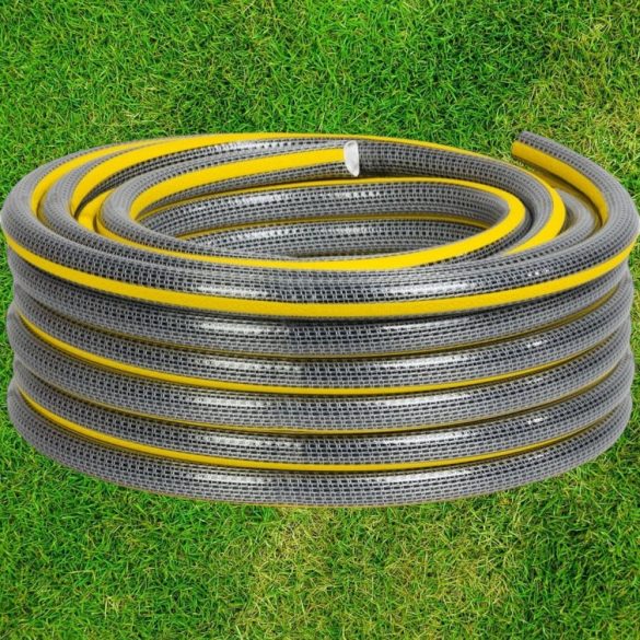 Kerti locsolótömlő, Strend Pro Garden Anti-torsion Plus, szürke/sárga, 3/4", 25 m, 25 bar, többrétegű PVC, UV-álló, csavarodásmentes