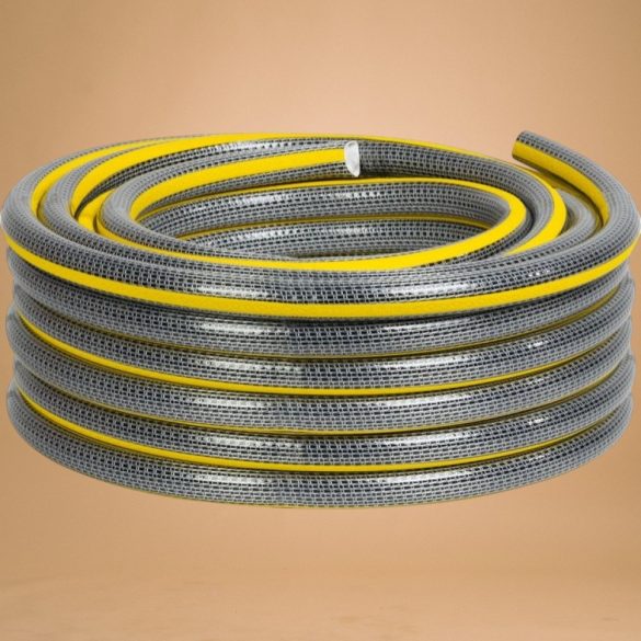 Kerti locsolótömlő, Strend Pro Garden Anti-torsion Plus, szürke/sárga, 3/4", 50 m, 25 bar, többrétegű PVC, UV-álló, csavarodásmentes