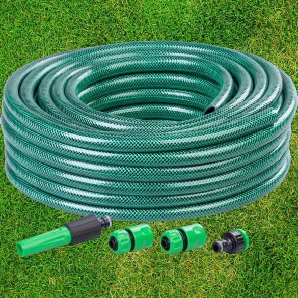 Kerti locsolótömlő, Strend Pro Garden Economic, zöld, 1/2”, 10 m, 12 bar, 1 adapter, 2 gyorscsatlakozó, 1 fúvóka, algaálló belső fal, háromrétegű PVC, -5°C és +50°C között hőálló