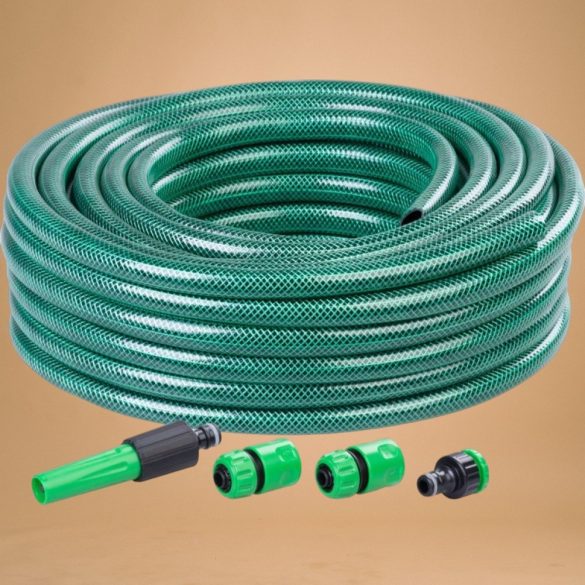 Kerti locsolótömlő, Strend Pro Garden Economic, zöld, 1/2”, 15 m, 12 bar, 1 adapter, 2 gyorscsatlakozó, 1 fúvóka, algaálló belső fal, háromrétegű PVC, -5°C és +50°C között hőálló