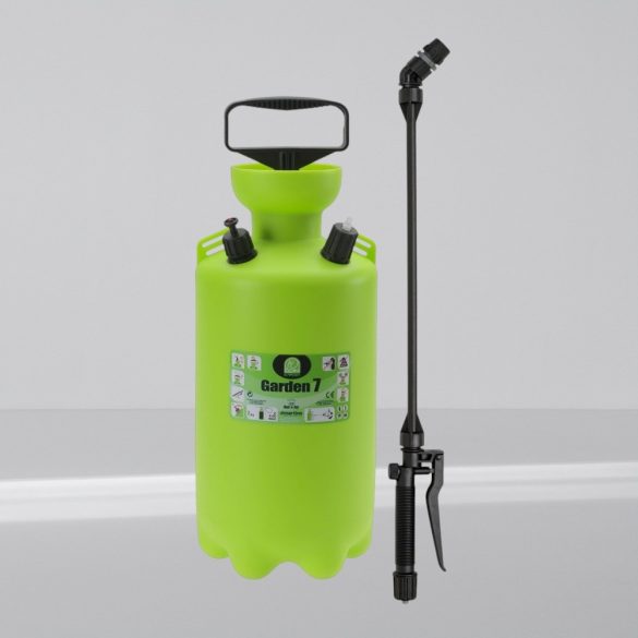 Vállra akasztható permetező, Dimartino Garden 7, 7,05 liter, zöld, kézi pumpás mechanikus, nyomásjelzős biztonsági szeleppel, háromrétegű tömlővel