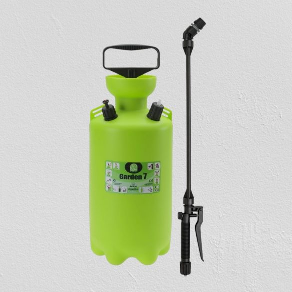 Vállra akasztható permetező, Dimartino Garden 7, 7,05 liter, zöld, kézi pumpás mechanikus, nyomásjelzős biztonsági szeleppel, háromrétegű tömlővel