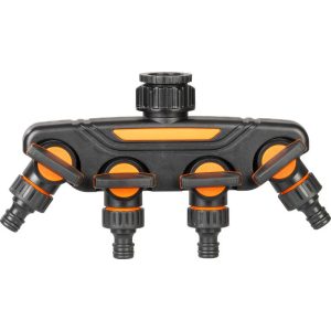 Kerti tömlőelosztó, Strend Pro Garden, fekete, műanyag, 4 utas, különálló szelepekkel, kompatibilis 1/2" és 3/4" gyorscsatlakozókkal, 1 bemenet - 4 kimenet