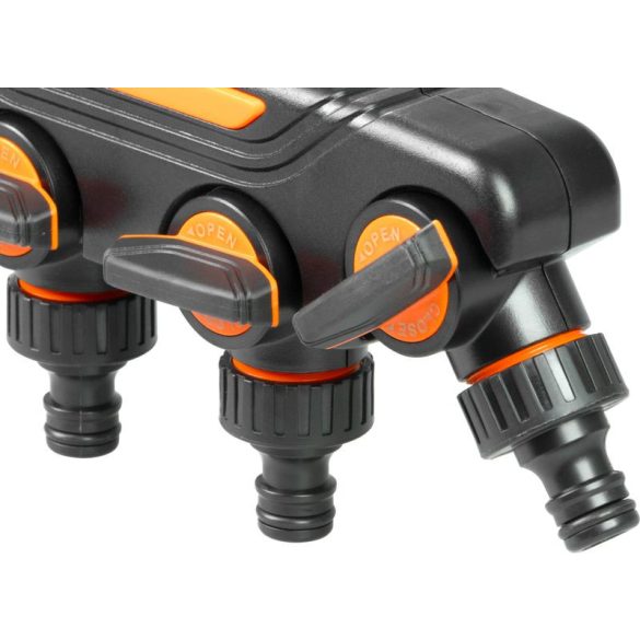 Kerti tömlőelosztó, Strend Pro Garden, fekete, műanyag, 4 utas, különálló szelepekkel, kompatibilis 1/2" és 3/4" gyorscsatlakozókkal, 1 bemenet - 4 kimenet