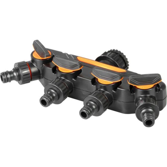 Kerti tömlőelosztó, Strend Pro Garden, fekete, műanyag, 4 utas, különálló szelepekkel, kompatibilis 1/2" és 3/4" gyorscsatlakozókkal, 1 bemenet - 4 kimenet