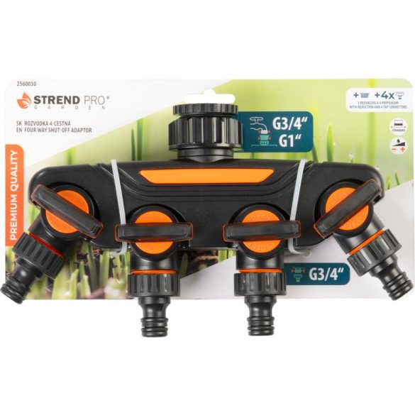 Kerti tömlőelosztó, Strend Pro Garden, fekete, műanyag, 4 utas, különálló szelepekkel, kompatibilis 1/2" és 3/4" gyorscsatlakozókkal, 1 bemenet - 4 kimenet
