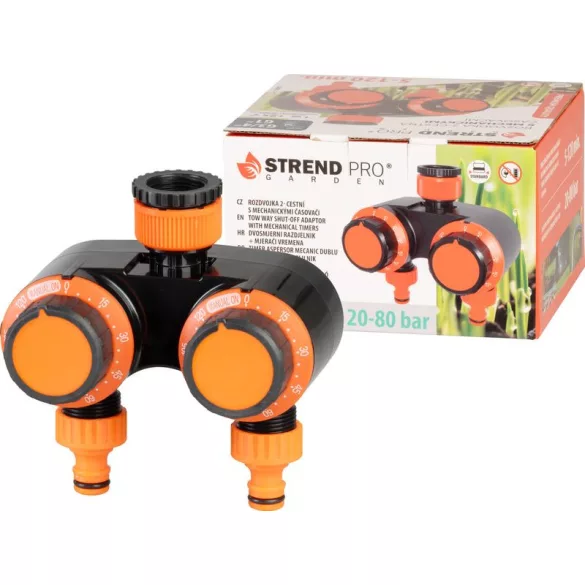 Mechanikus locsolóidőzítő, Strend Pro Garden, narancssárga/fekete, mechanikus, 2 kimenet, 0–120 perc időzítés, 3/4 " menethez, 1/2 " gyorscsatlakozó, 20-80 bar