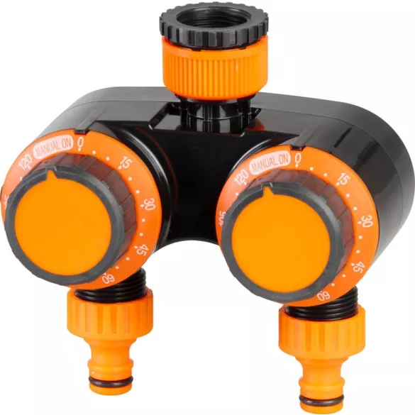Mechanikus locsolóidőzítő, Strend Pro Garden, narancssárga/fekete, mechanikus, 2 kimenet, 0–120 perc időzítés, 3/4 " menethez, 1/2 " gyorscsatlakozó, 20-80 bar