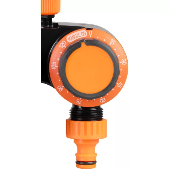 Mechanikus locsolóidőzítő, Strend Pro Garden, narancssárga/fekete, mechanikus, 2 kimenet, 0–120 perc időzítés, 3/4 " menethez, 1/2 " gyorscsatlakozó, 20-80 bar