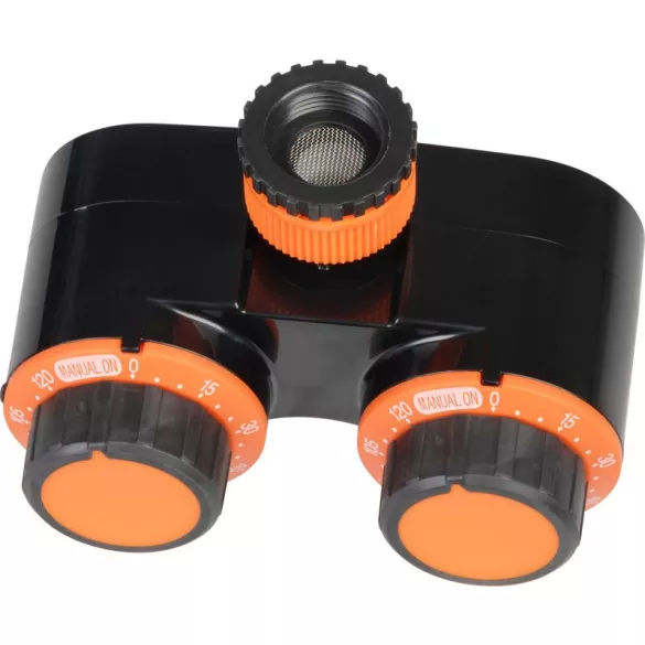 Mechanikus locsolóidőzítő, Strend Pro Garden, narancssárga/fekete, mechanikus, 2 kimenet, 0–120 perc időzítés, 3/4 " menethez, 1/2 " gyorscsatlakozó, 20-80 bar