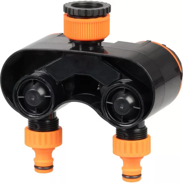 Mechanikus locsolóidőzítő, Strend Pro Garden, narancssárga/fekete, mechanikus, 2 kimenet, 0–120 perc időzítés, 3/4 " menethez, 1/2 " gyorscsatlakozó, 20-80 bar