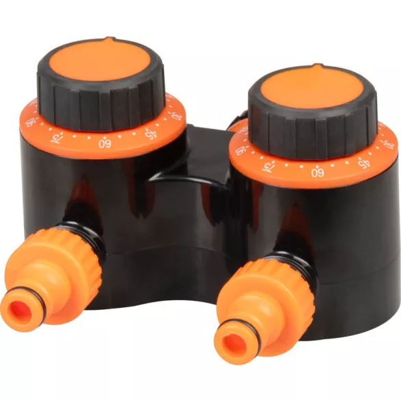 Mechanikus locsolóidőzítő, Strend Pro Garden, narancssárga/fekete, mechanikus, 2 kimenet, 0–120 perc időzítés, 3/4 " menethez, 1/2 " gyorscsatlakozó, 20-80 bar