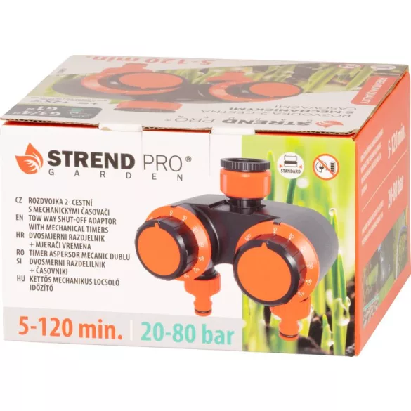 Mechanikus locsolóidőzítő, Strend Pro Garden, narancssárga/fekete, mechanikus, 2 kimenet, 0–120 perc időzítés, 3/4 " menethez, 1/2 " gyorscsatlakozó, 20-80 bar