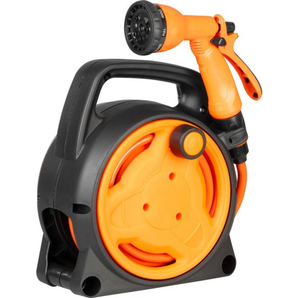 Kerti tömlődob, Strend Pro Garden, fekete/narancssárga, tömlővel, 5/16", 10 m, 8 funkciós szórópisztollyal, csatlakozókkal