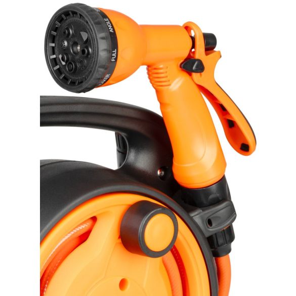 Kerti tömlődob, Strend Pro Garden, fekete/narancssárga, tömlővel, 5/16", 10 m, 8 funkciós szórópisztollyal, csatlakozókkal