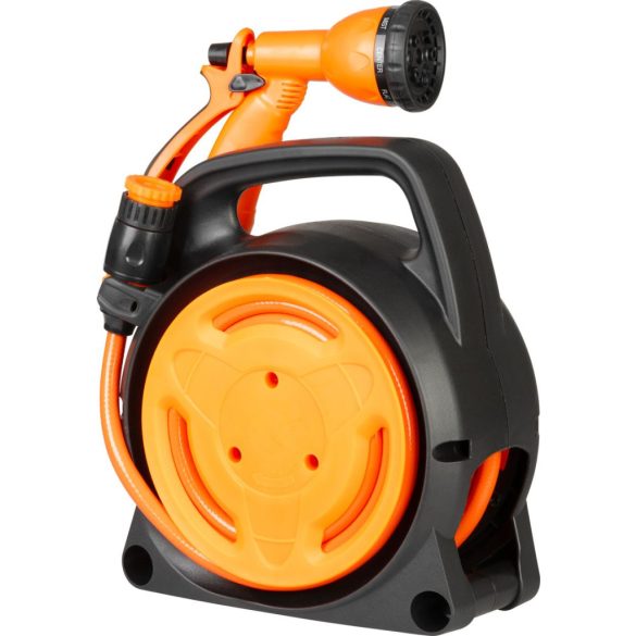 Kerti tömlődob, Strend Pro Garden, fekete/narancssárga, tömlővel, 5/16", 10 m, 8 funkciós szórópisztollyal, csatlakozókkal