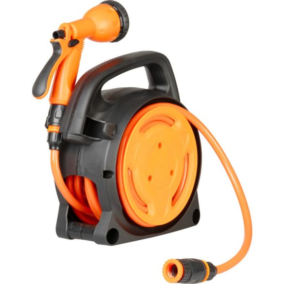 Kerti tömlődob, Strend Pro Garden, fekete/narancssárga, tömlővel, 5/16", 10 m, 8 funkciós szórópisztollyal, csatlakozókkal