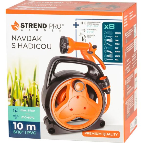 Kerti tömlődob, Strend Pro Garden, fekete/narancssárga, tömlővel, 5/16", 10 m, 8 funkciós szórópisztollyal, csatlakozókkal